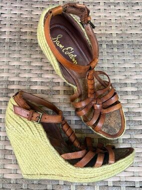 Sam Edelman Brown Leather Strappy Espadrille Wedge Sandals Size 9.5